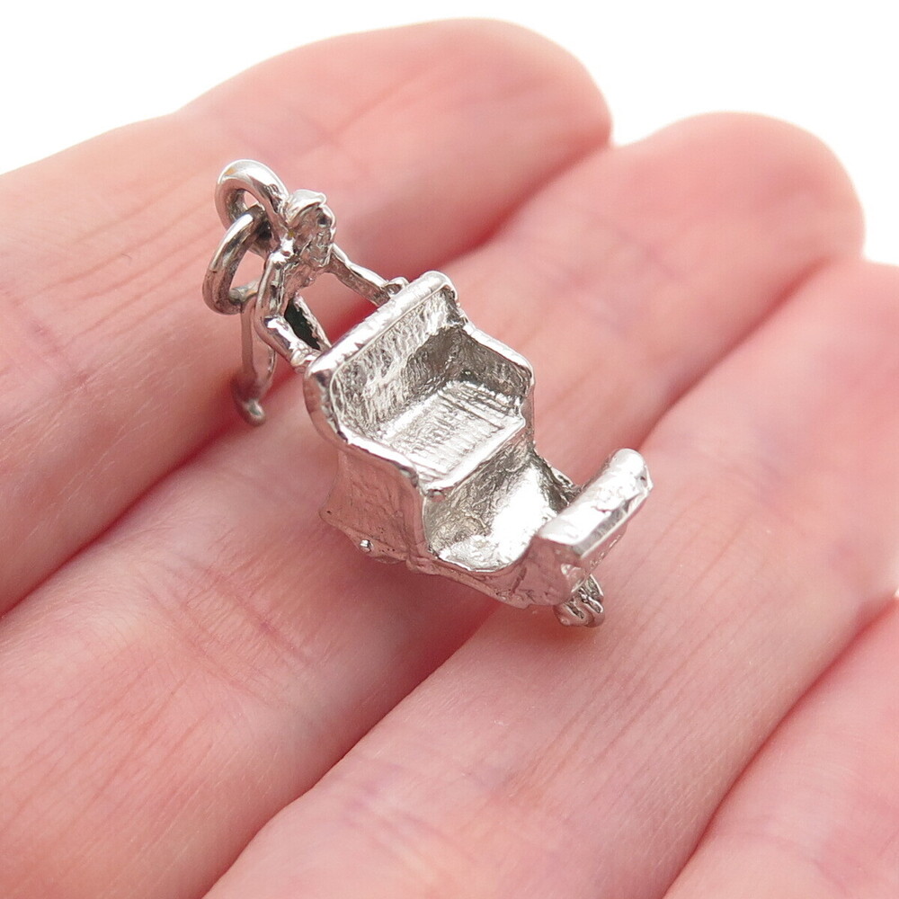 CELLINI 925 Sterling Silver Vintage Man Pushing Carriage Mini 3D Charm Pendant